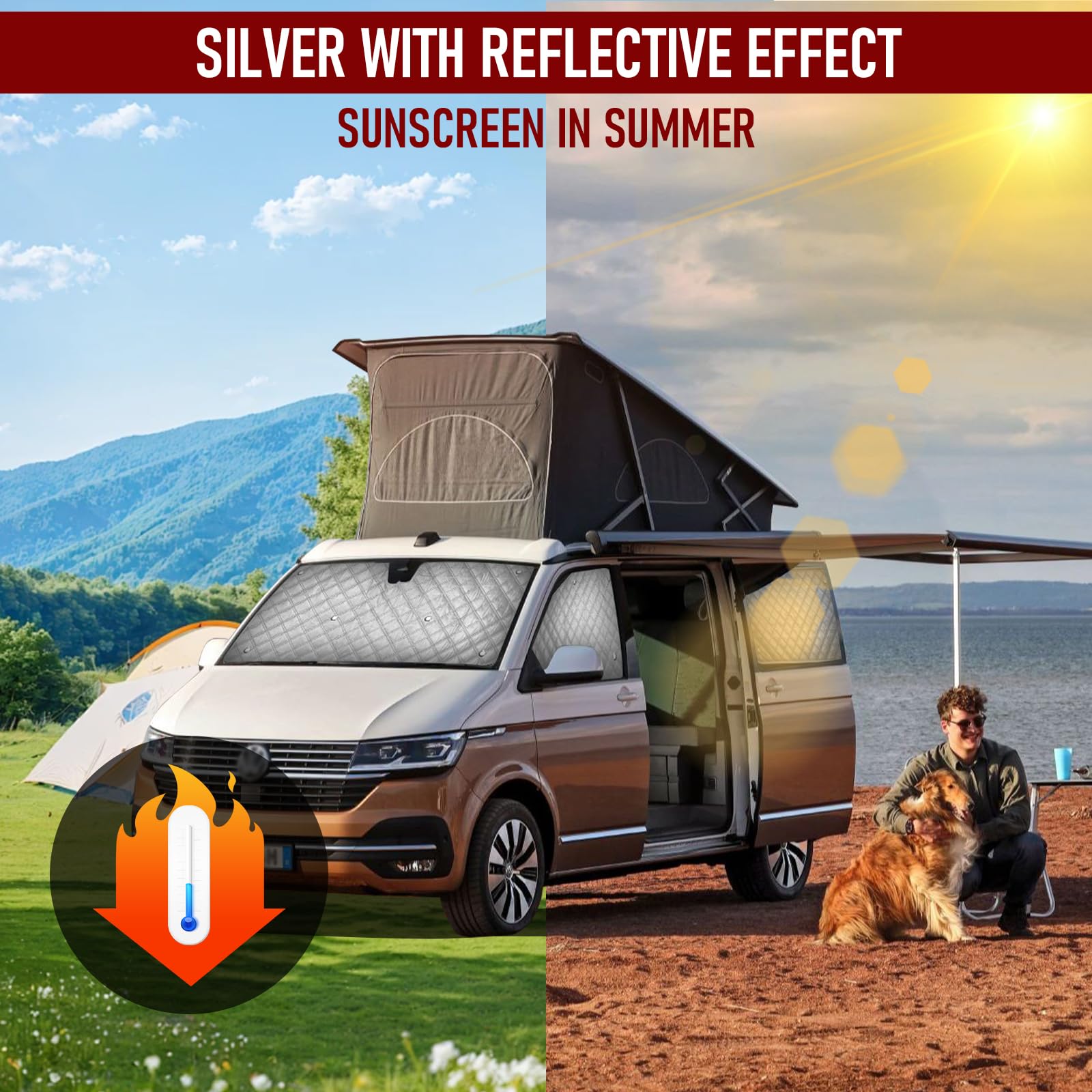 MaxAwe 8Pcs Internal Thermal Blind Set Fits for VW T5/T6 LWB, Luxury Sunshade Wrap Cover Kit, Window Front Screen Cover, Summer Uv Sun Blind & Winter Insulation Cover for VW Campervans & Motorhome