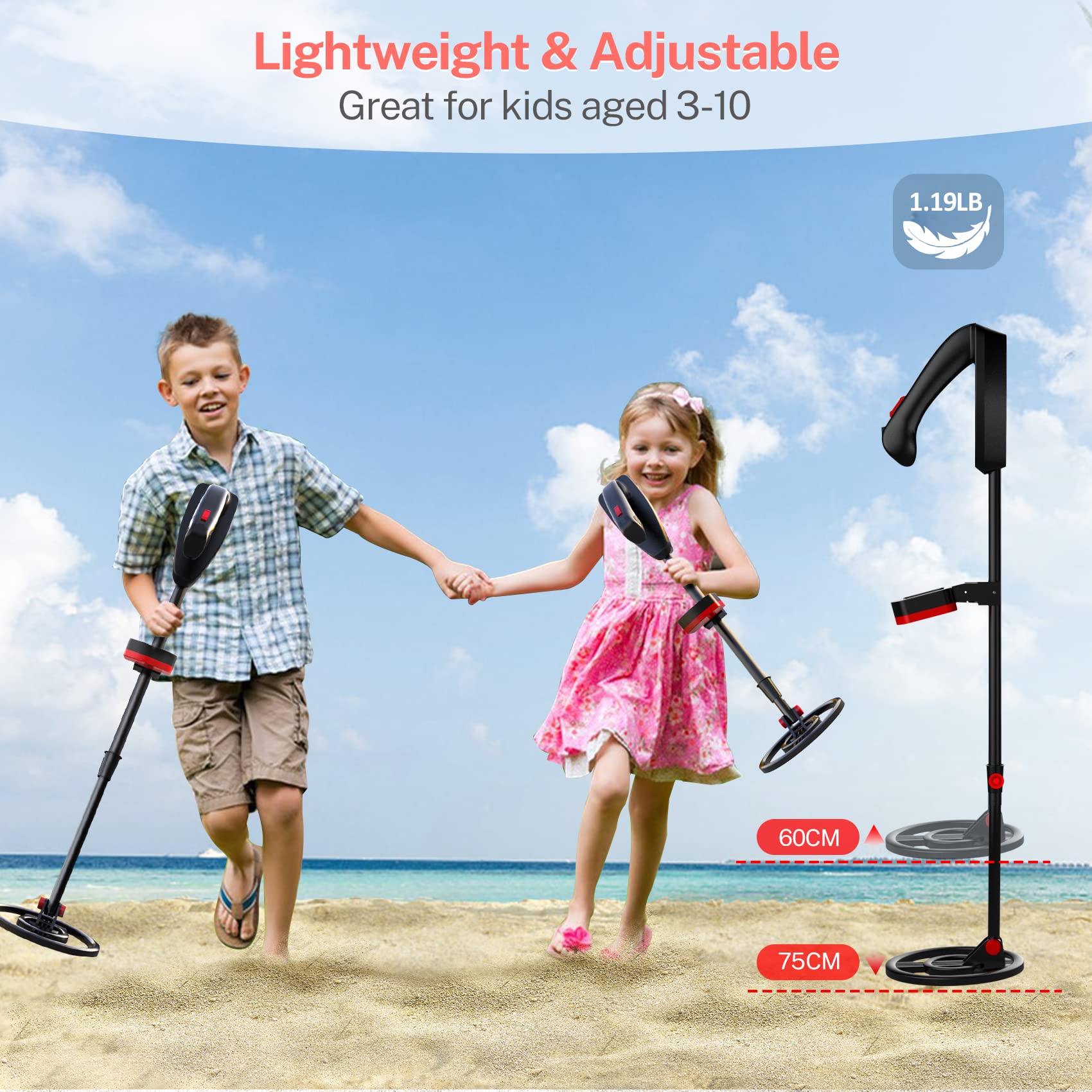 DR.ÖTEK Metal Detector for Kids, Waterproof with LCD Display and Buzzer, 60-76 cm Adjustable Stem, High Sensitivity, Lightweight Gold Detector, Ages 3-10