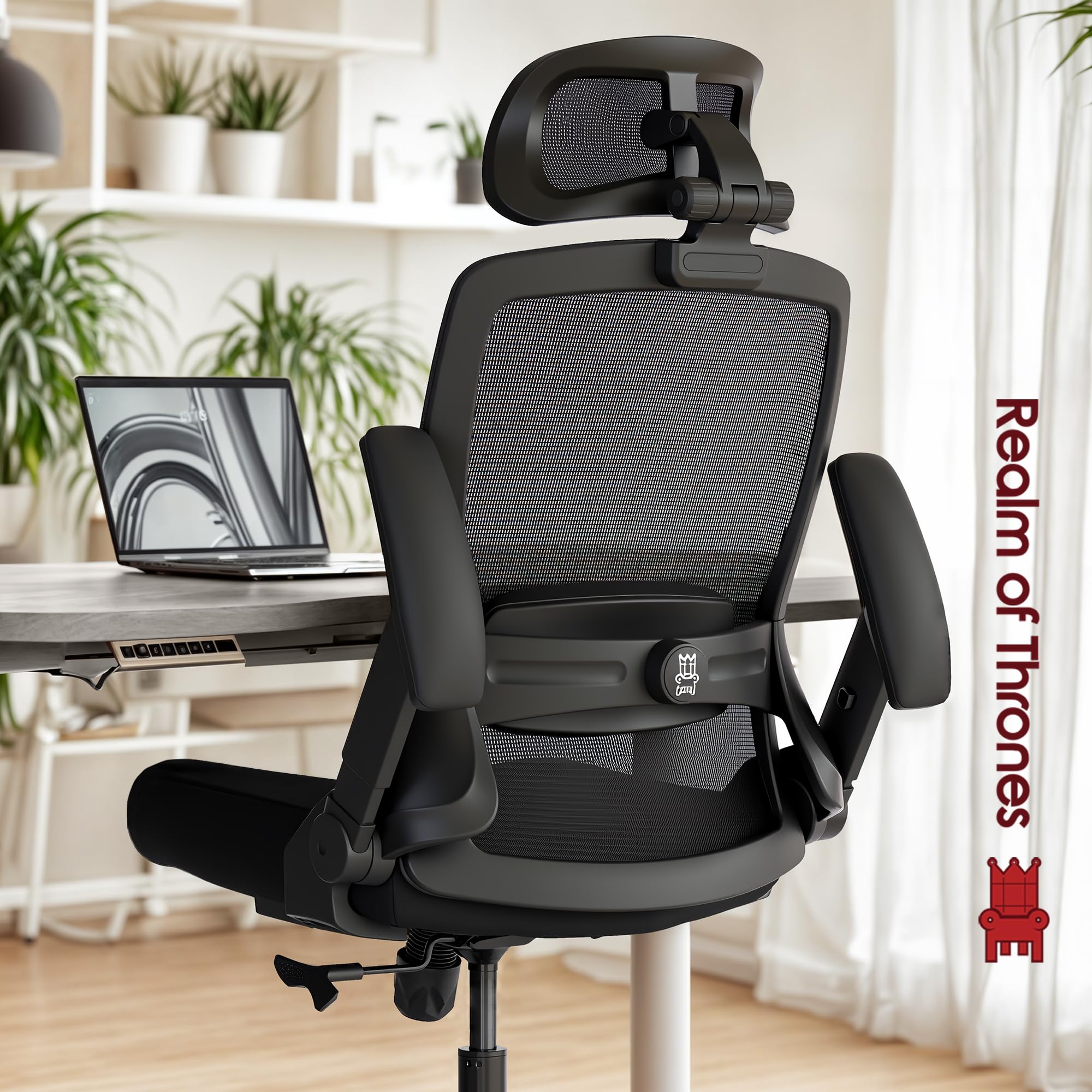 Realm of Thrones CAPTAIN Ergonomic Office Chair for Home, Heavy Duty Steel Base, Versatile Flip-up Armrests, Adjustable Lumbar Support, Mesh Back Comfort Cushion Seat for Computer Desk/Gaming (Black)
