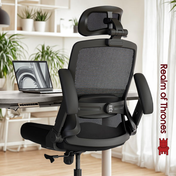 Realm of Thrones CAPTAIN Ergonomic Office Chair for Home, Heavy Duty Steel Base, Versatile Flip-up Armrests, Adjustable Lumbar Support, Mesh Back Comfort Cushion Seat for Computer Desk/Gaming (Black)