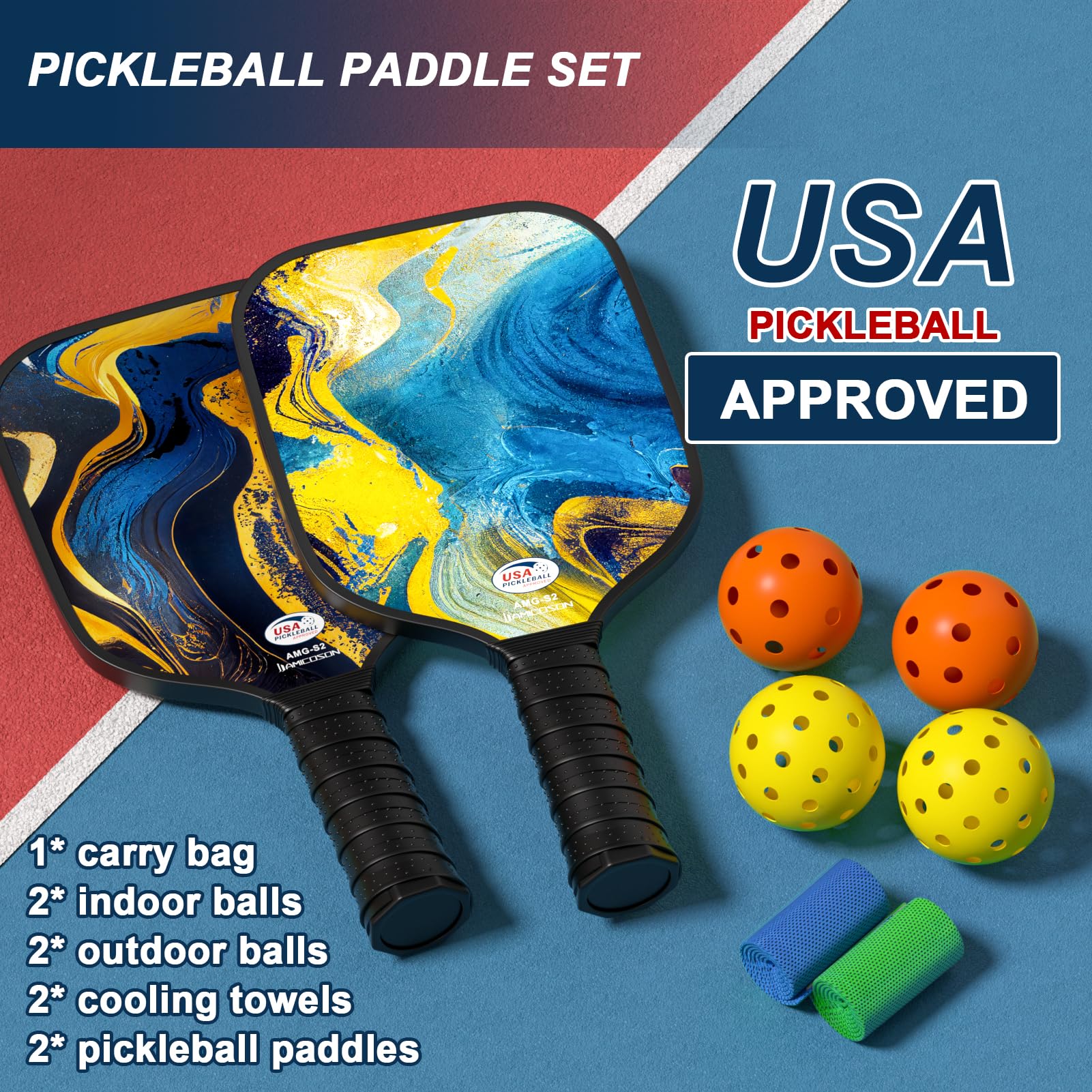 USAPA Approved Fiberglass Pickleball Set - 2 Lightweight Rackets, 4 Balls, 2 Cooling Towels, Bag & Gifts for Men & Women