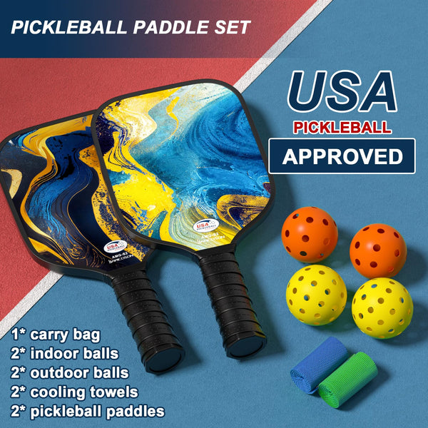 USAPA Approved Fiberglass Pickleball Set - 2 Lightweight Rackets, 4 Balls, 2 Cooling Towels, Bag & Gifts for Men & Women