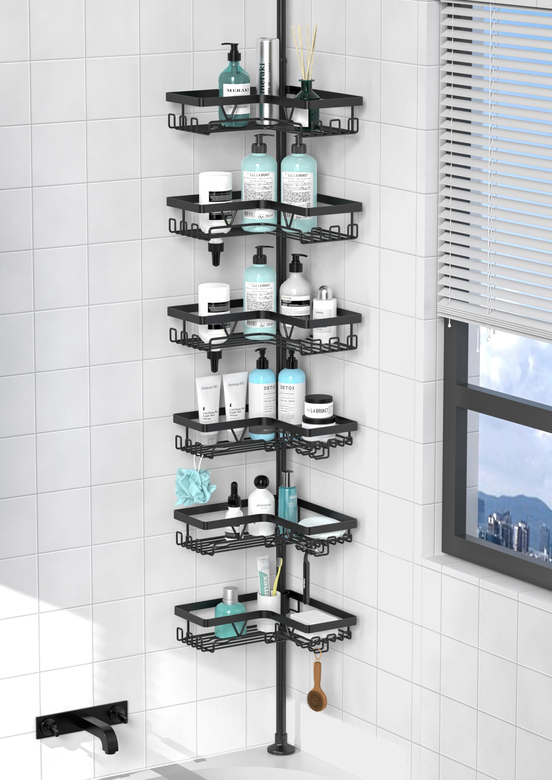 Kegii Telescopic Shower Caddy Corner - Stainless Steel Shower Shelf No Drilling Bathroom Caddy with Soap Holder and Hooks(White), On The Bath or Stand Up Shower