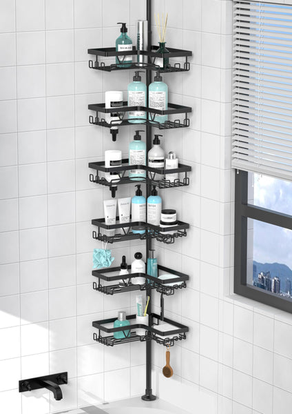 Kegii Telescopic Shower Caddy Corner - Stainless Steel Shower Shelf No Drilling Bathroom Caddy with Soap Holder and Hooks(White), On The Bath or Stand Up Shower