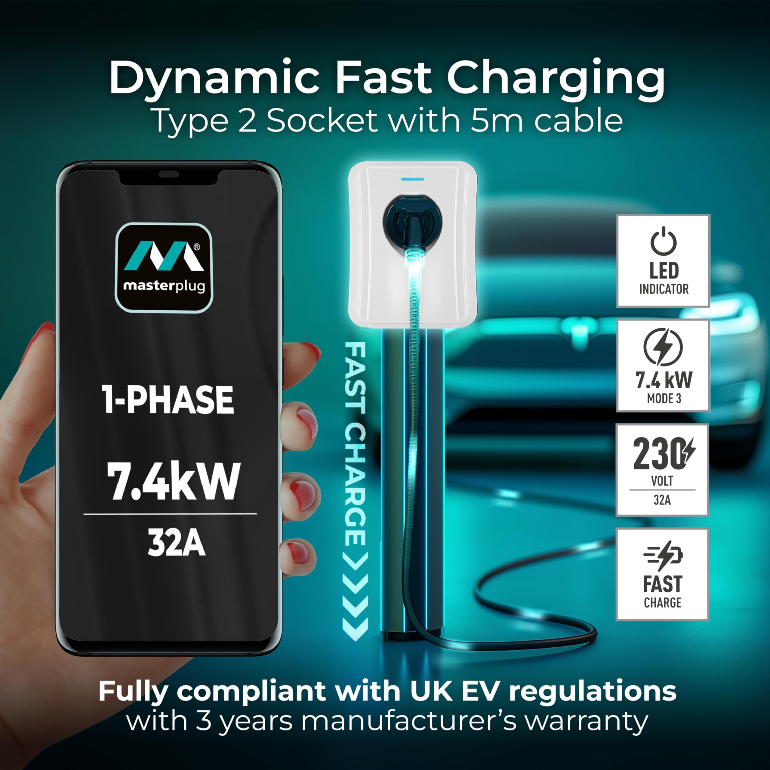 Masterplug Smart EV Home Wall Charger for Type 2 Electric and Plug-In Hybrid Vehicles, Tethered with 5m Cable, Mode 3, App Control, Solar Charging, Single Phase, Black, IP55, 7.4kW, 32A, EVCM3ST7B-MP