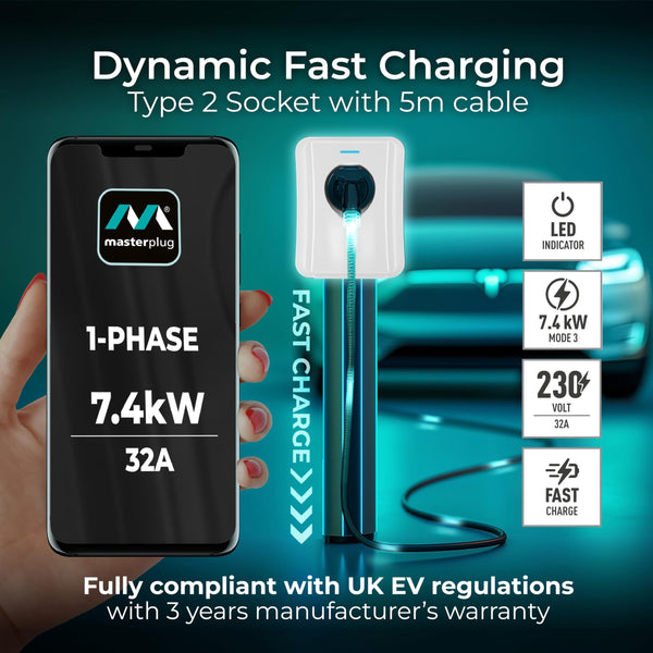 Masterplug Smart EV Home Wall Charger for Type 2 Electric and Plug-In Hybrid Vehicles, Tethered with 5m Cable, Mode 3, App Control, Solar Charging, Single Phase, Black, IP55, 7.4kW, 32A, EVCM3ST7B-MP