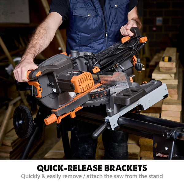 Evolution Power Tools EVOMS1 Mitre Saw Stand, Universal Compact Folding with Extending Support Arms, Fits Evolution, Makita, DeWalt, Bosch, Ryobi, Einhell and Metabo, Supports 150kg Weight & 3m Length