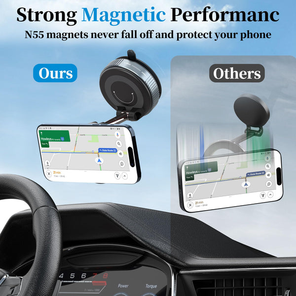 PlusAcc Vacuum Magnetic Phone Holder for Car - Suction Phone Mount 360°Rotatable Foldable Portable Strong Magnet Stand for iPhone16/15/14/13 & Samsung on Mirror,Smooth Surface, Windscreens