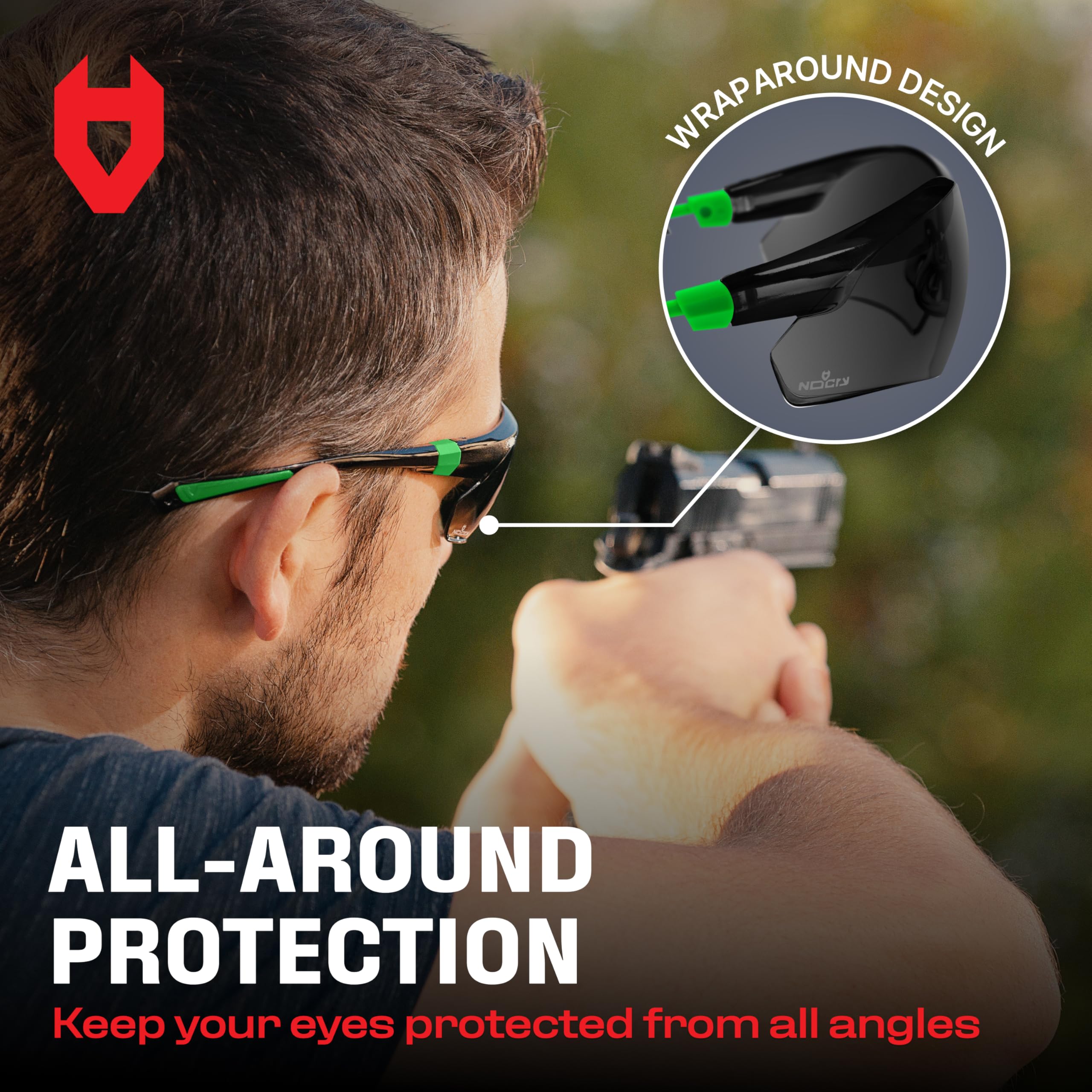 NoCry Clear Safety Glasses for Work with Anti Fog Scratch Resistant Wrap-Around Lenses and Non-Slip Grips, UV Protection. Adjustable Eye Protection Cycling and Squash Glasses with Black & Green Frames