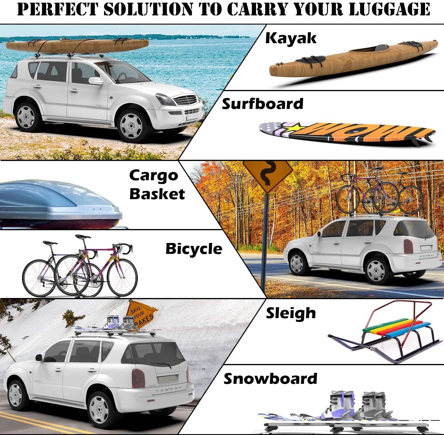 COWVIE 135cm Roof Rack Cross Bars, Adjustable Aluminum Roof Bars, Fits Most Existing Raised Side Rails with Gap - White