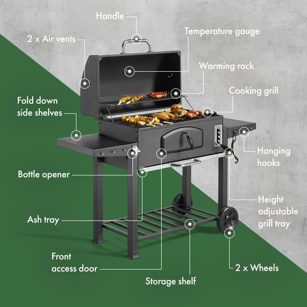 VonHaus Charcoal BBQ – XL Portable Barbecue with Warming Rack, Fold Down Shelves, Temperature Gauge, Wheels, Cooking Grill, Air Vents – 2 in 1 Barbeque and Smoker – Grill Meat, Fish & Vegetables