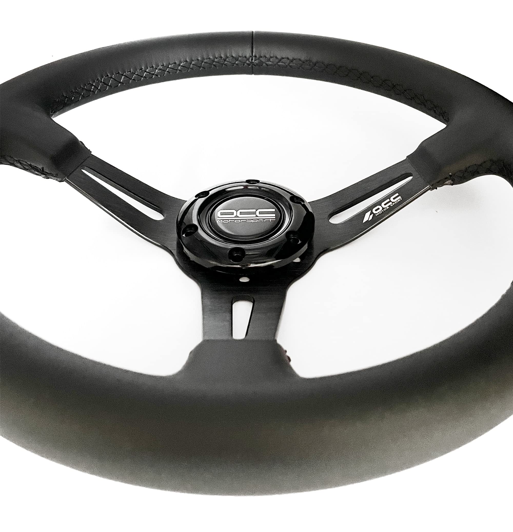 OCC MOTORSPORT OFFSET STEERING WHEEL CLASSIC MODEL PERFORATED LEATHER WITH BLACK ARMS - 90 MM FULL DISH WHEEL - 350MM (14 INCH)