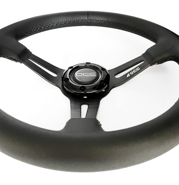 OCC MOTORSPORT OFFSET STEERING WHEEL CLASSIC MODEL PERFORATED LEATHER WITH BLACK ARMS - 90 MM FULL DISH WHEEL - 350MM (14 INCH)