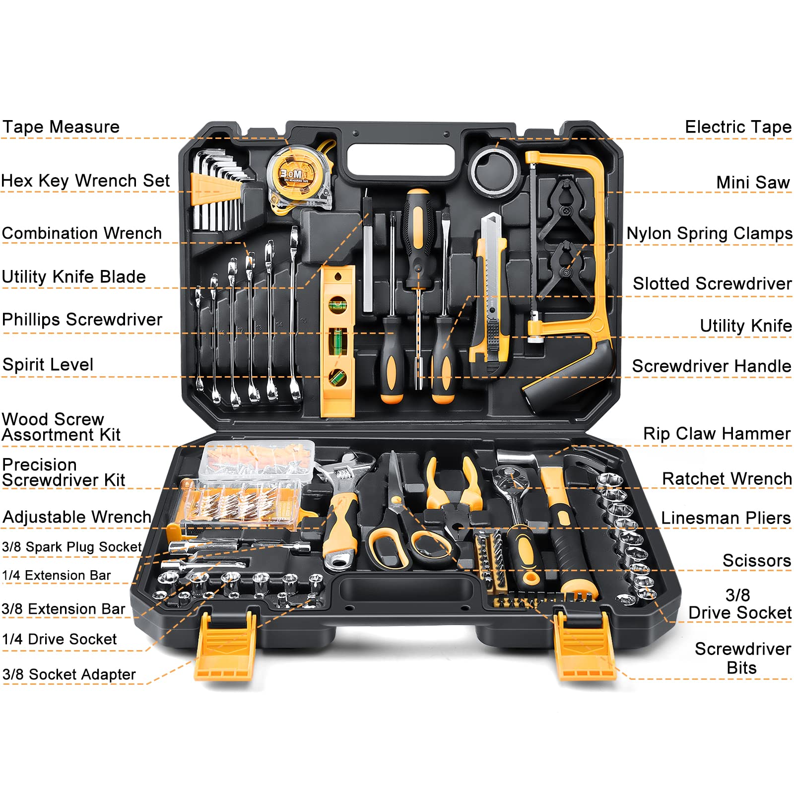 Sundpey Home Tool Kit 300-Pcs - Household Auto Repair Tool Set - Complete General Hand Tool Kits for Handyman & Precision Screwdriver Set & Wire Stripper & Metric Hex Key & Tool box Case for Men Women