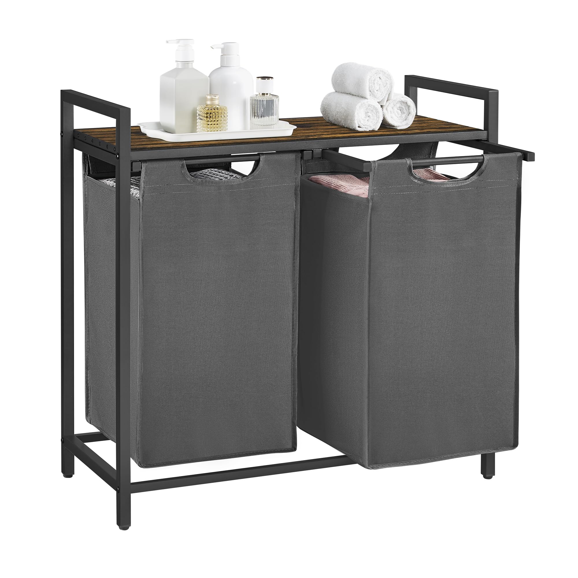 VASAGLE Laundry Basket, Laundry Hamper, Pull-Out and Removable Liner Bag, Shelf, Metal Frame, 65 L, 50 x 33 x 72 cm, Ink Black and Rustic Brown BLH101B01