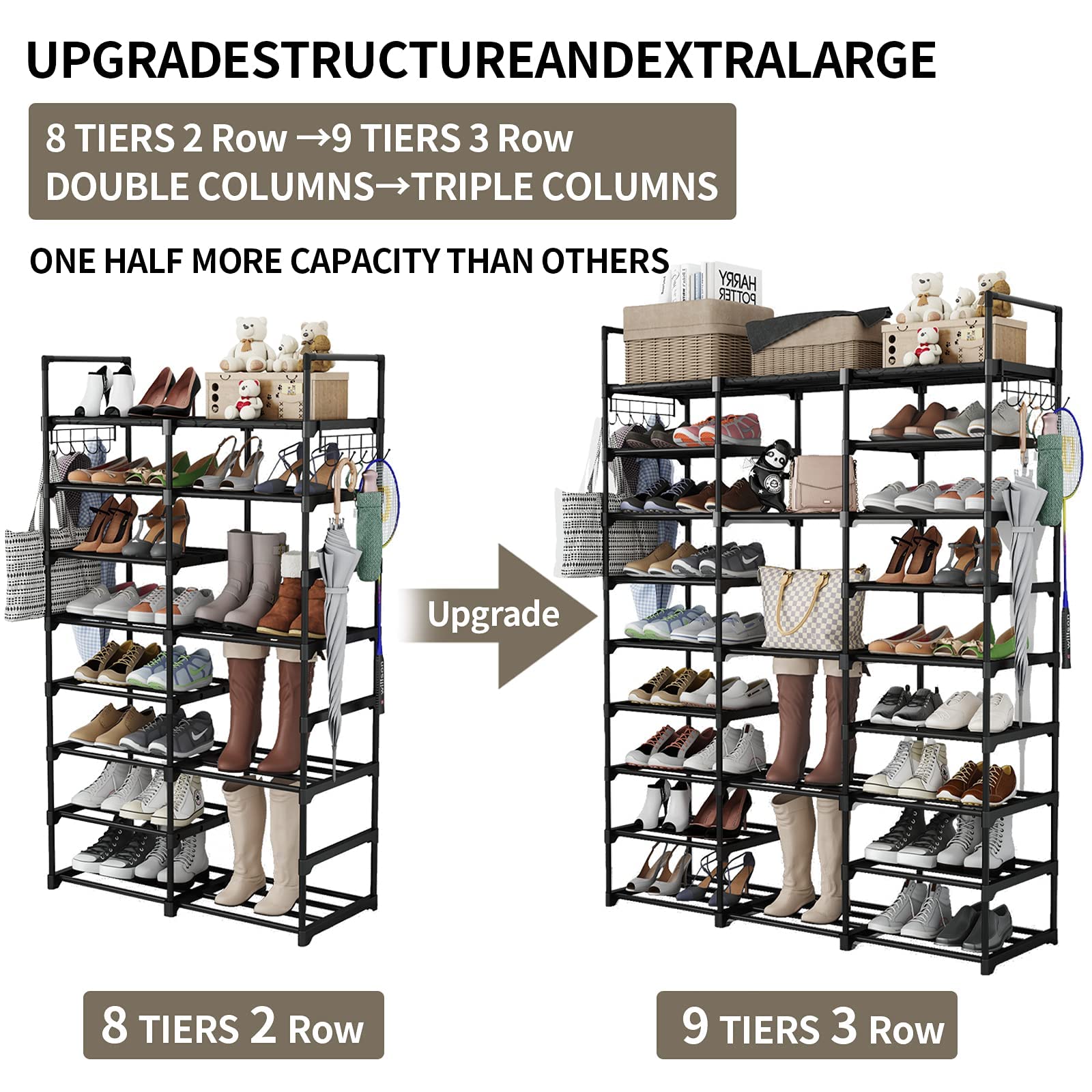Finew Shoe Rack 9 Tier 3 Row, Metal Shoes Storage Organiser Shelf, Holds 50-55 Pairs Shoe Boots, Stackable Stand Shoe Cabinet with Hooks, Tall Shoe