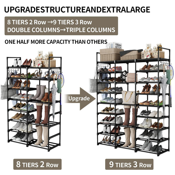 Finew Shoe Rack 9 Tier 3 Row, Metal Shoes Storage Organiser Shelf, Holds 50-55 Pairs Shoe Boots, Stackable Stand Shoe Cabinet with Hooks, Tall Shoe