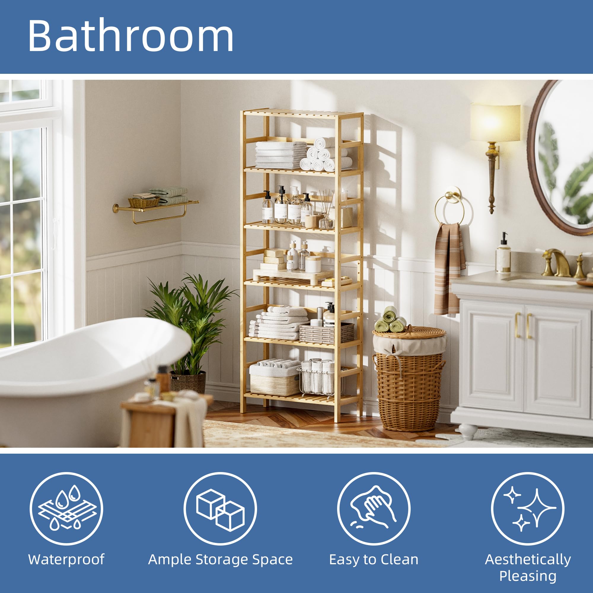 HITNET Bamboo Shelf, 6-Tier Adjustable Tall Open Bookcase, Bathroom Storage Rack Freestanding Shelving Unit, Plant Display Stand for Small Space,