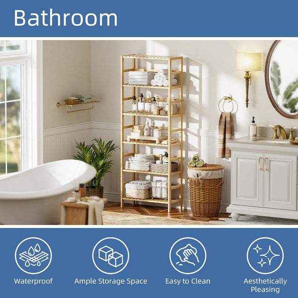 HITNET Bamboo Shelf, 6-Tier Adjustable Tall Open Bookcase, Bathroom Storage Rack Freestanding Shelving Unit, Plant Display Stand for Small Space,