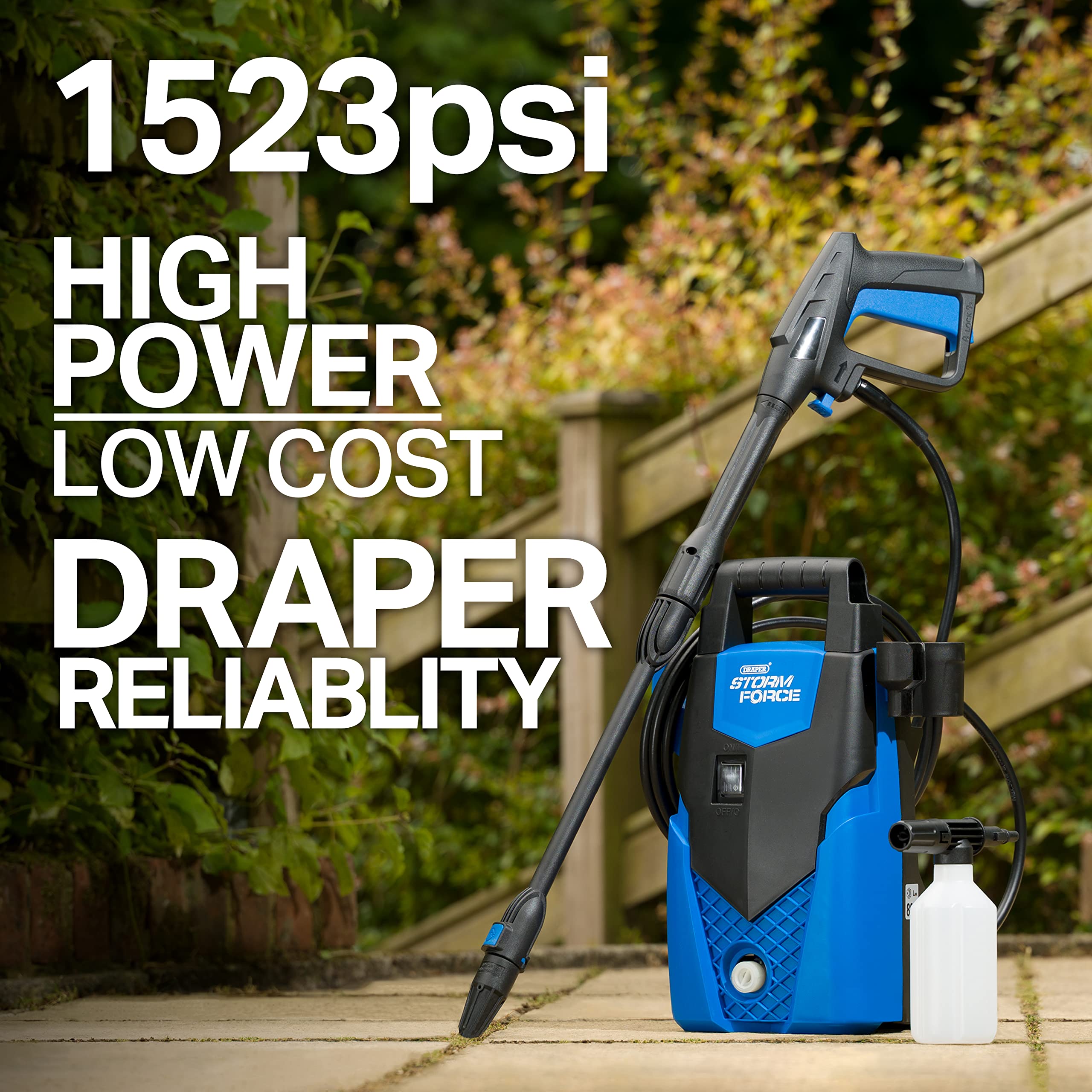 Draper Storm Force Pressure Washer 105Bar | 1400W Jet Power Washer | Snow Foam Gun | 1522Psi Patio and Car Cleaner | 98674, Blue