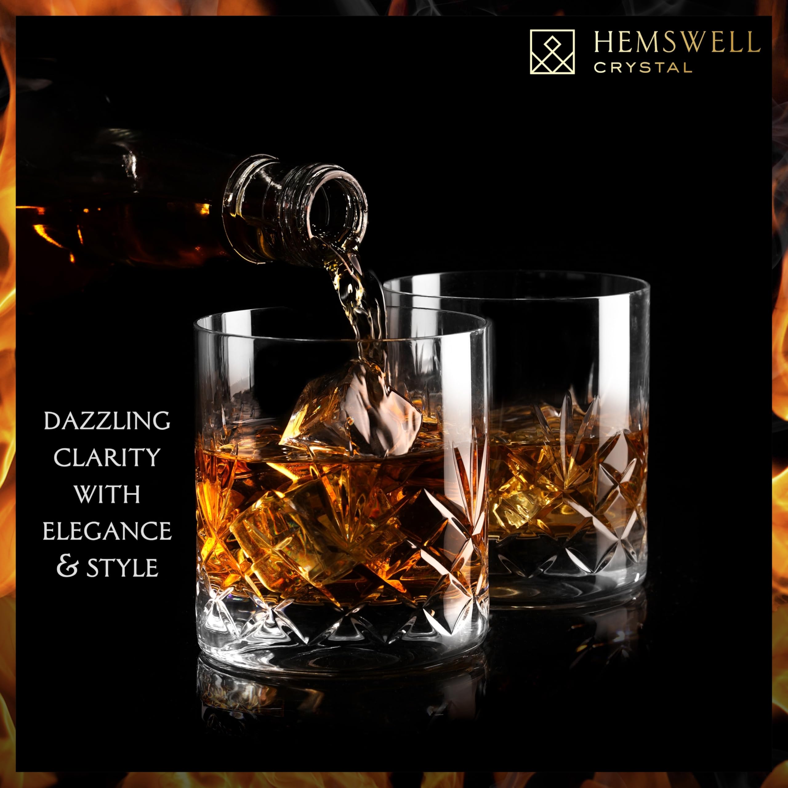 Hemswell Crystal Whiskey Glasses Set of 2 - Crystal Whisky Glasses 310ml - Cut Glass Whiskey Tumblers - Lead Free - Satin Lined Box - Glenrigg