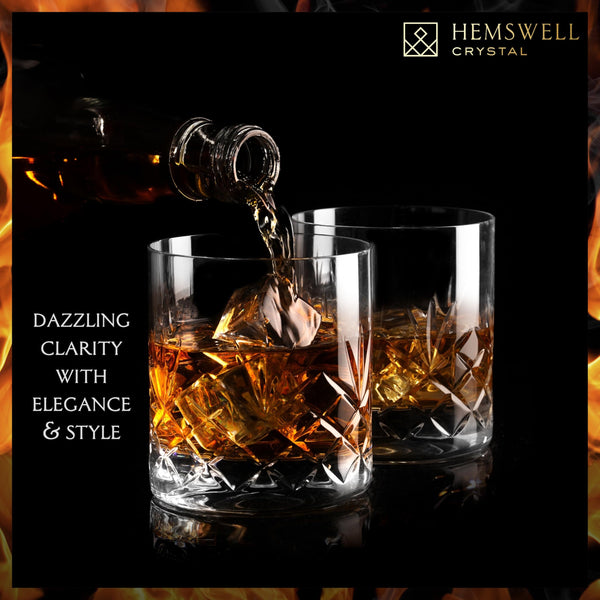 Hemswell Crystal Whiskey Glasses Set of 2 - Crystal Whisky Glasses 310ml - Cut Glass Whiskey Tumblers - Lead Free - Satin Lined Box - Glenrigg