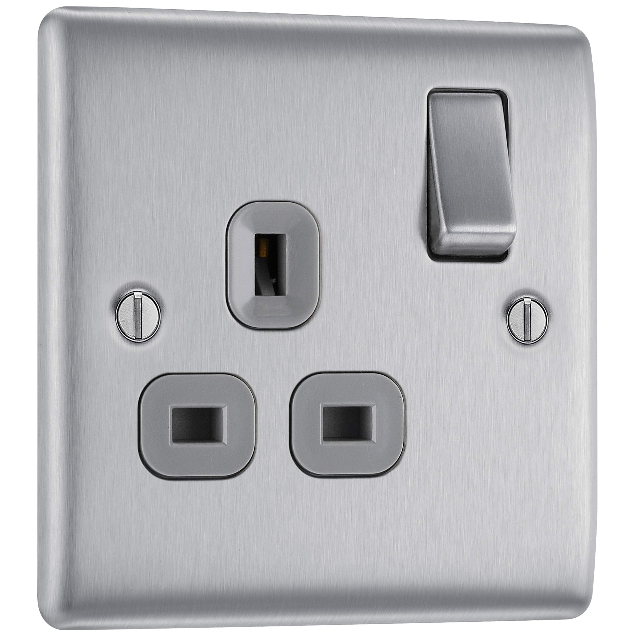 BG Electrical Cooker Switch with Socket and LED, Cooker Control Unit, Control Socket, Double Pole, Raised Profile, Round Edges, Nexus Metal, Brushed Steel, Grey Inserts, 45A, NBS70G