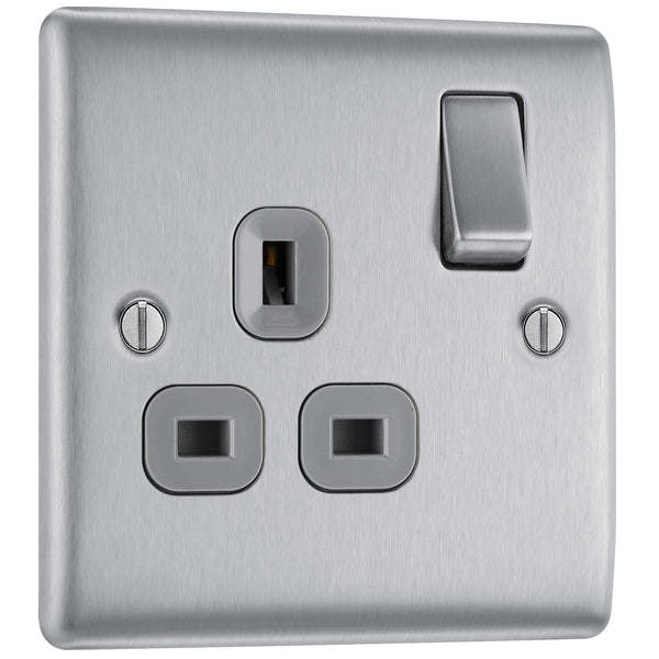 BG Electrical Cooker Switch with Socket and LED, Cooker Control Unit, Control Socket, Double Pole, Raised Profile, Round Edges, Nexus Metal, Brushed Steel, Grey Inserts, 45A, NBS70G