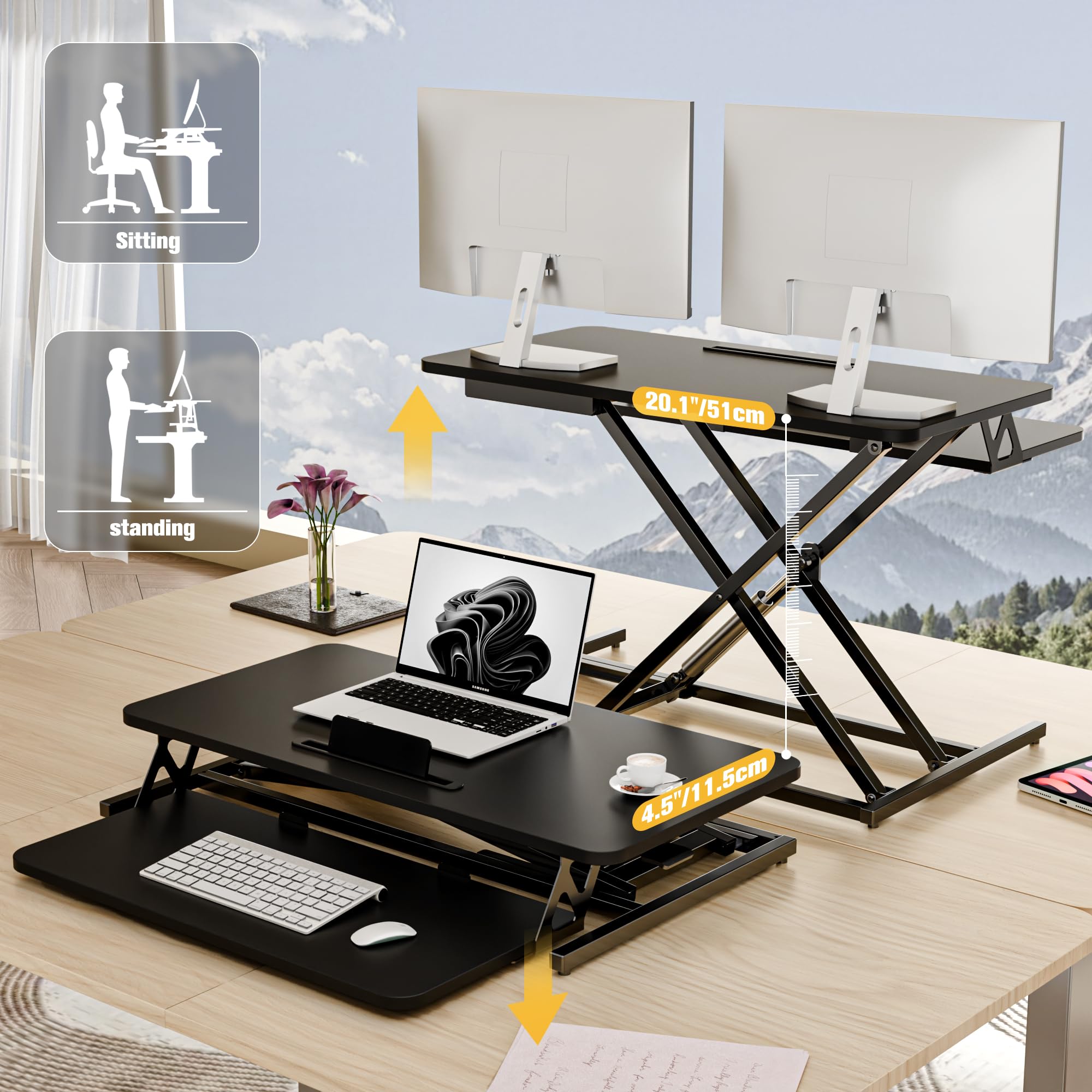 ERGOMAKER Height Adjustable Standing Desk Converter - 81cm (32 Inch) Wide Platform Tabletop Workstation - Quick Sit to Stand Desk Riser for Dual