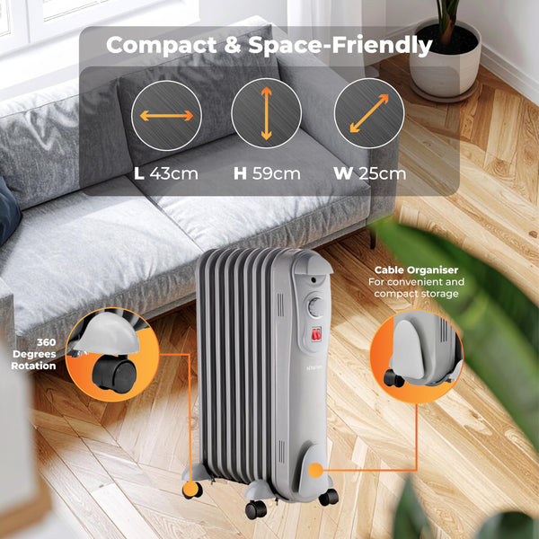 Schallen 1500W 7 Fin Portable Electric Slim Oil Filled Radiator Heater with Adjustable Temperature Thermostat, 3 Heat Settings & Safety Cut Off | 1.5Kw GREY