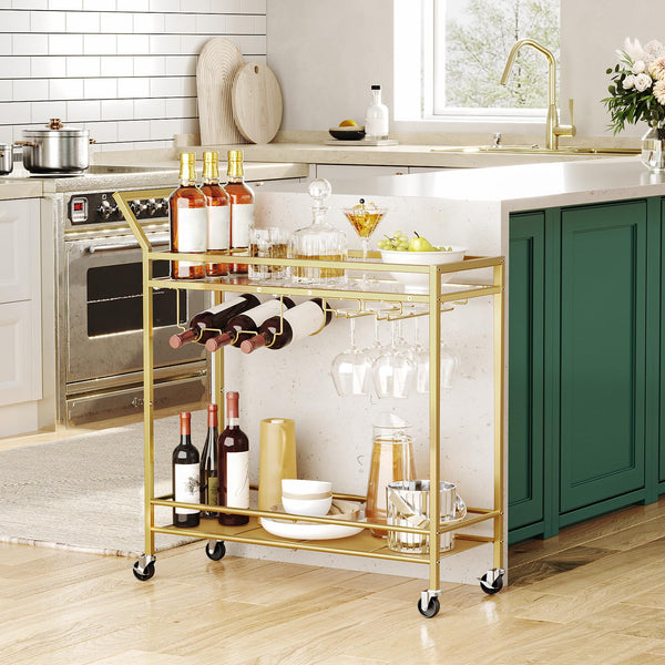 HOOBRO Drinks Trolley Gold, Bar Cart, Bar Trolley, Kitchen Trolley on Wheels, Serving Trolley with Glass Shelf, Wine Rack and Glass Holder, Home Bar