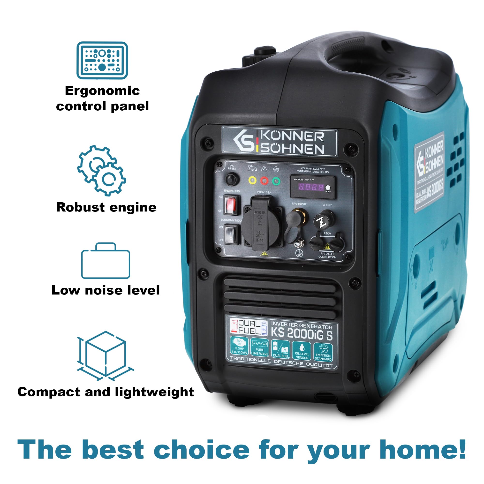 Könner & Söhnen KS 3100iG S portable LPG/petrol inverter generator 3100 W,UK Plug Socket 1x13 A (230 V), 2 USB ports,copper winding,silent inverter generator,dual fuel generator