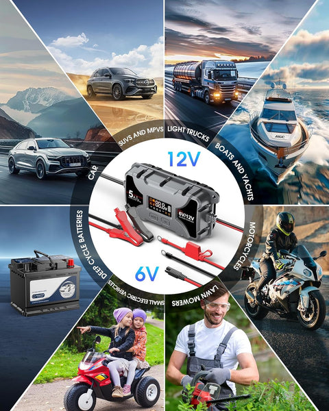 Powerextra 5A Car Battery Charger & Maintainer, 6V/12V Portable Smart Trickle Charger with LED Display & Repair Mode for Lead-Acid AGM Lithium Caravan Batteries