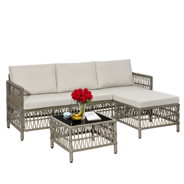 AOUXIN 3 Pieces Rattan garden furniture Patio Furniture Sets All Weather Outdoor Sectional Patio Sofa Manual Weaving Wicker Rattan Corner Sofa with Grey Cushions and Glass Table