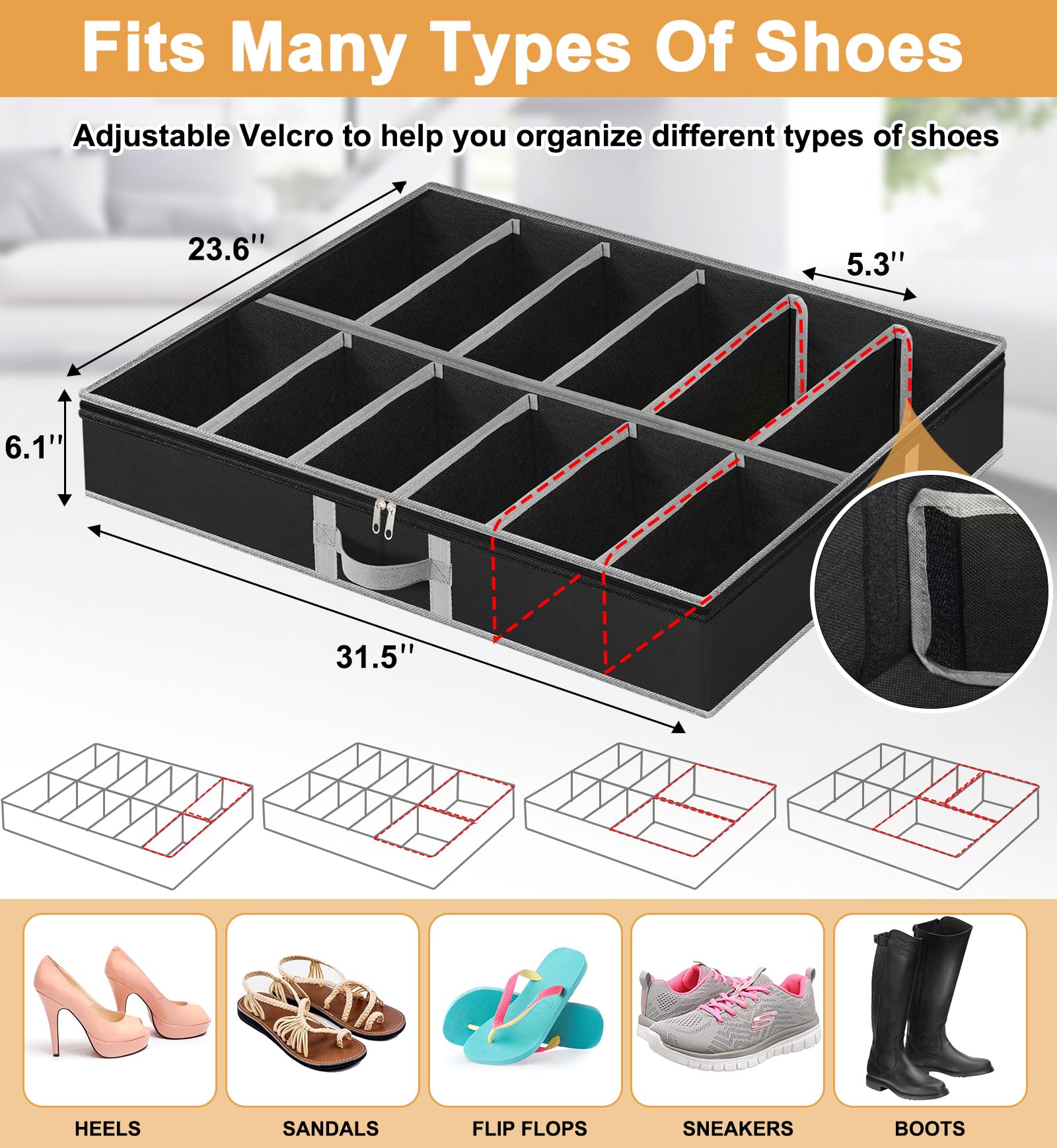 2 Pack Under Bed Shoe Storage Organiser, Fits 24 Pairs, Adjustable Velcro Underbed Shoe Box W/ Bottom & Side Support and Reinforced Handles, Foldable