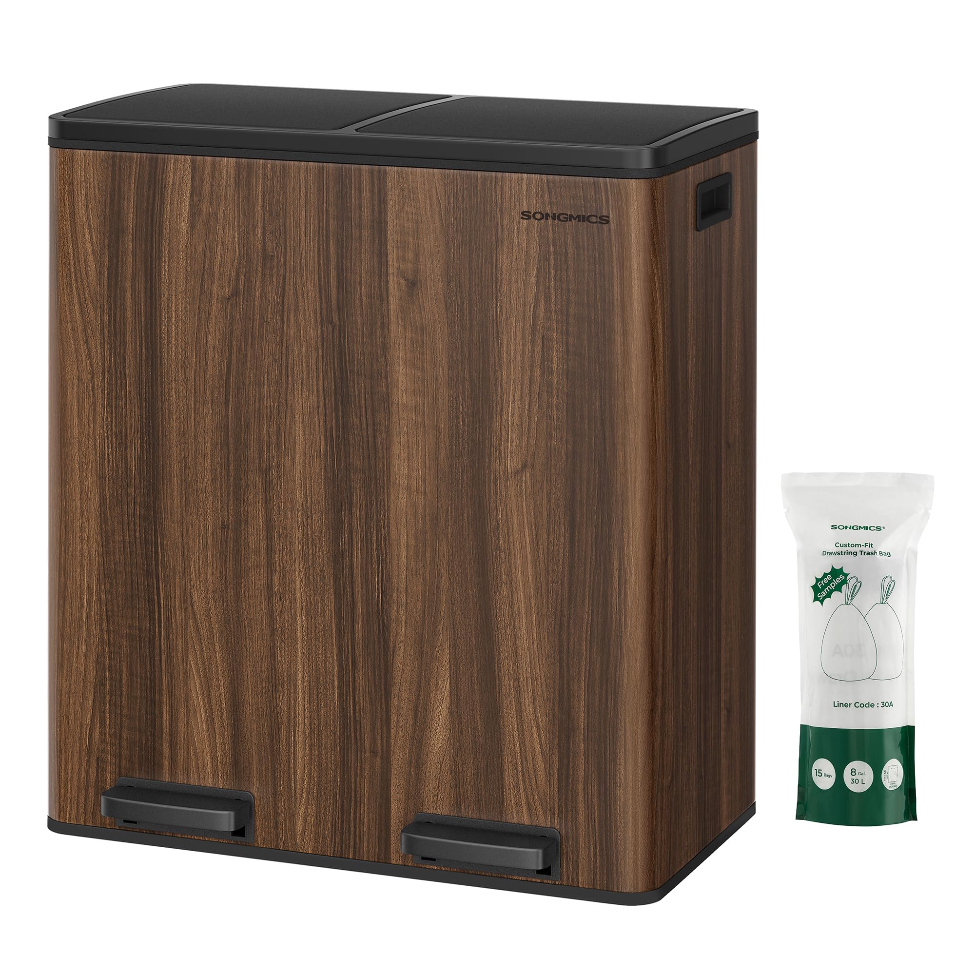 SONGMICS Dual Rubbish Bin, 2 x 30 L Recycling Bin with 15 Rubbish Bags, 2-Compartment Metal Pedal Bin with Lids and Plastic Inner Buckets, Soft Closure, Slate Grey LTB060G01