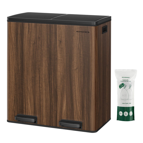 SONGMICS Dual Rubbish Bin, 2 x 30 L Recycling Bin with 15 Rubbish Bags, 2-Compartment Metal Pedal Bin with Lids and Plastic Inner Buckets, Soft Closure, Slate Grey LTB060G01