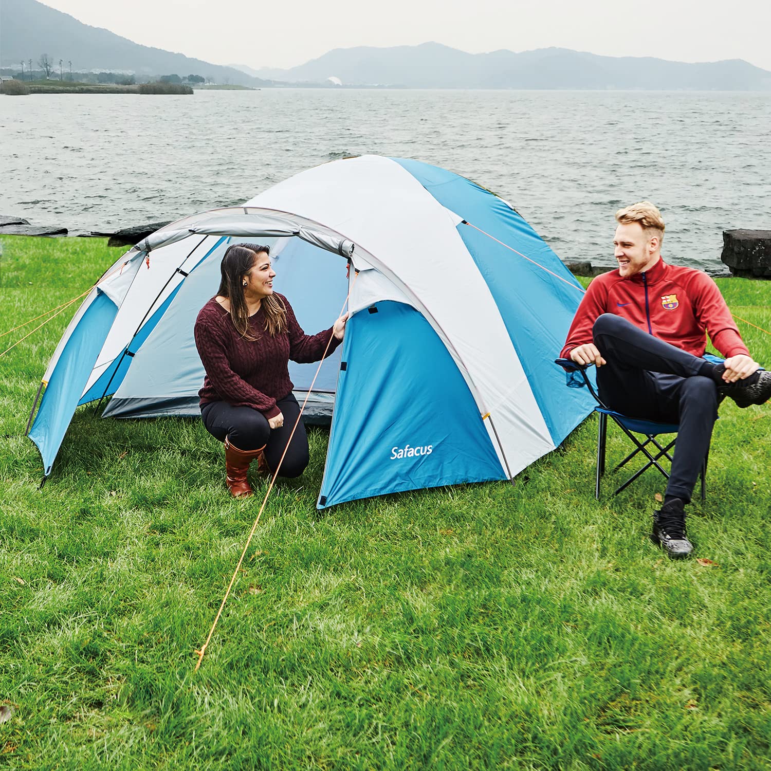 SAFACUS 3-4 Person Dome Camping Tent, Double layer, Full Waterproof Holiday Family 3 to 4 Man Tent, Easy to Set Up for Outdoors Hiking Fishing Traveling Beach Vacation