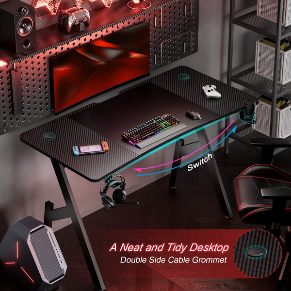 DLONGONE Gaming Desk 120 x 60cm, Computer Gaming Desk, Gaming PC Desk for Home Office, A Shaped Gaming Table with Cup Holder and Headphone Hook,