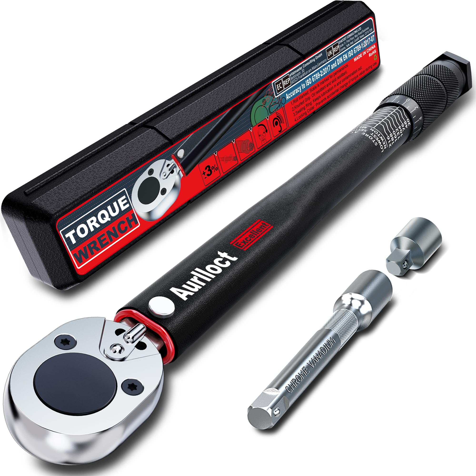 1/2" Torque Wrench Set, Car Wheel Torque Spanner 20-230 Nm with 3/8'' Adapter, ± 3% Accuracy, 72 Tooth for Car Repair, Tire Replacement Etc