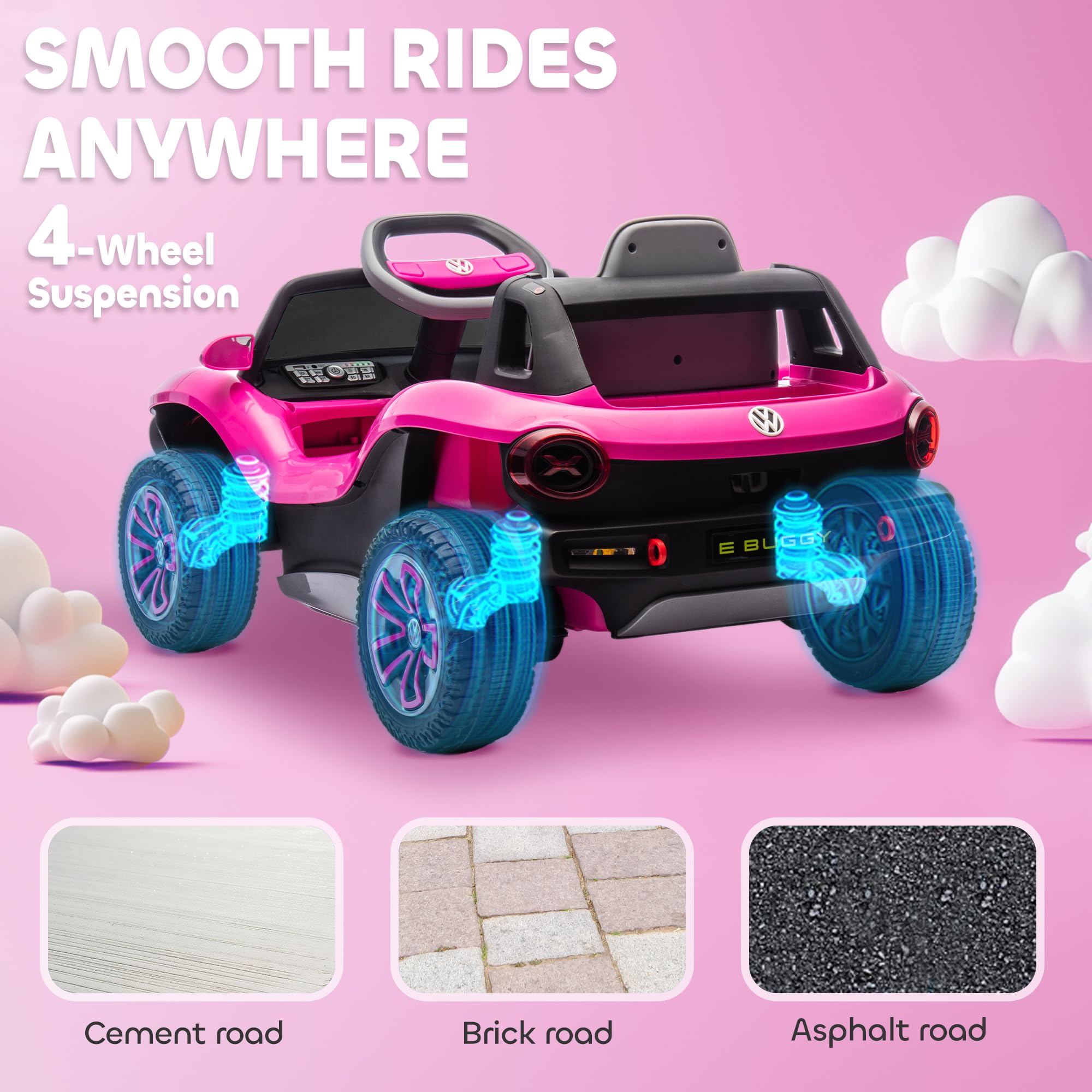 AIYAPLAY Volkswagen E-Buggy Licensed Electric Car for Kids, 12V Kids Electric Ride on with Remote Control, Suspension, Slow Start, LED Lights, USB, Music, Horn, for Ages 3-6 Years, Pink