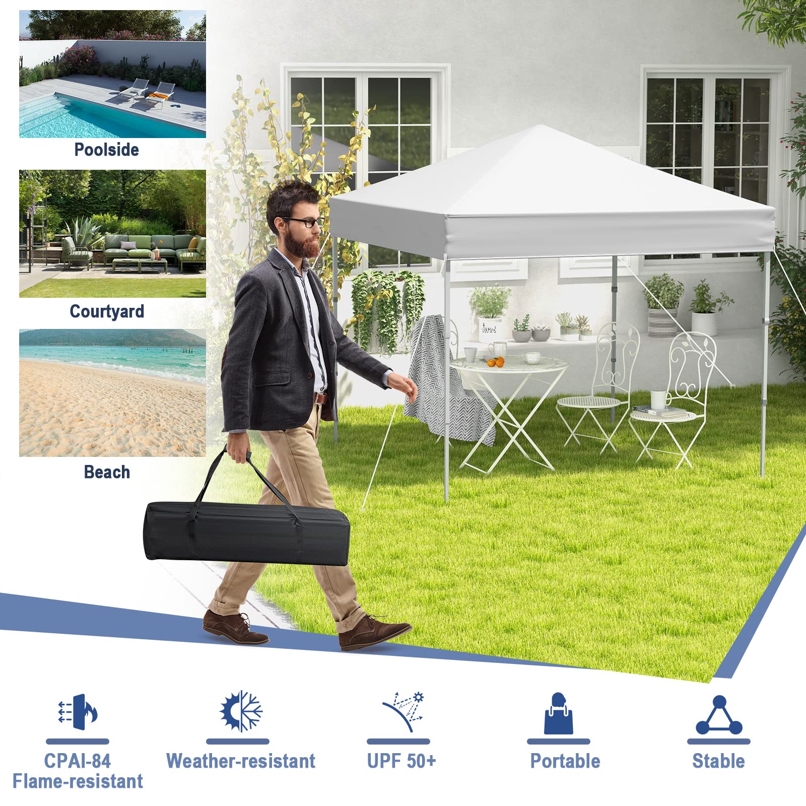 COSTWAY 2m x 2m Pop up Gazebo, 3-Position Height Adjustable Commercial Instant Canopy Tent with Carry Bag, Garden Patio Sun Shelter for Camping BBQ Party (Blue, 198 x 198 x 190-244 cm)