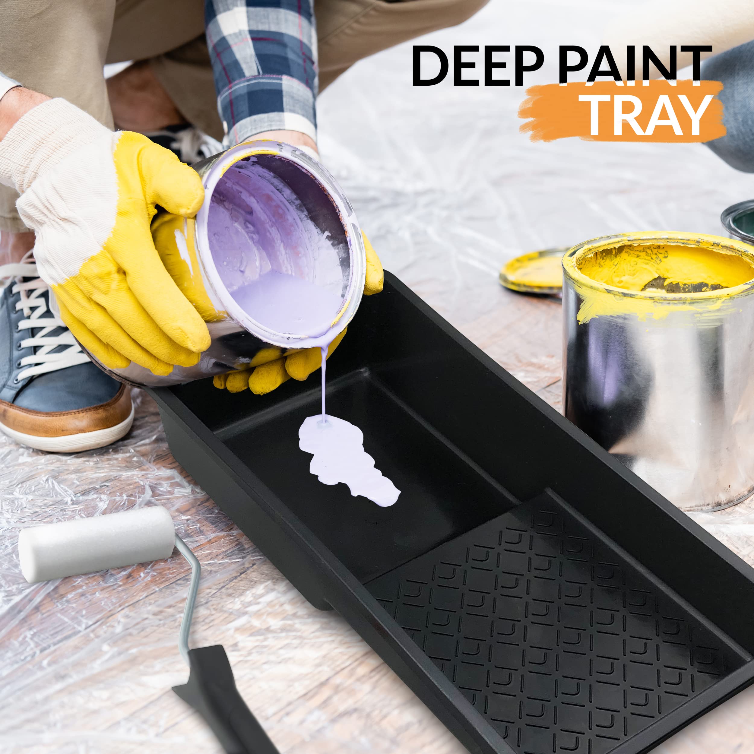 RAULDE 10 Pieces Paint Roller Set - Includes a Paint Tray, Brush, Large and Mini Rollers & Sleeves, Paint Repellent Masking Tape, Paint Mixer - Roller Set for Painting Walls, Edges & Ceilings