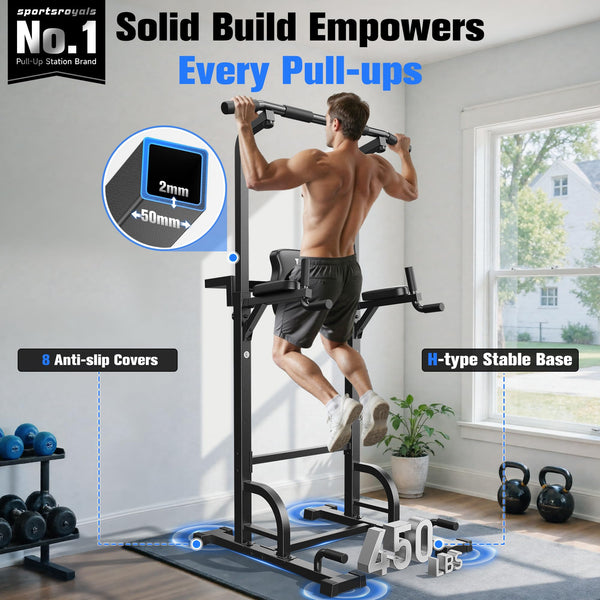 Sportsroyals Power Tower Pull Up Bar Station, 450LBS Stable Pull Up Dip Station for Home Gym Strength Training Equipment
