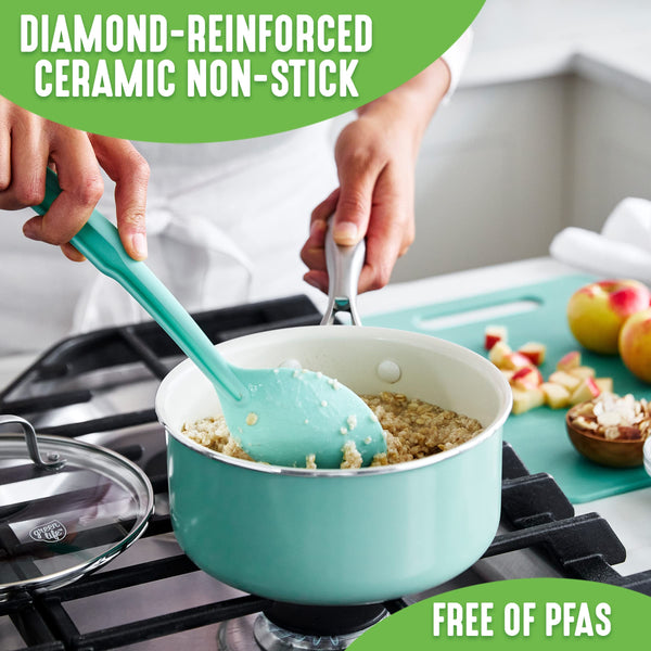 GreenLife Artizan Healthy Ceramic Non-Stick 14cm/1l and 18 cm/2l Saucepan Pot Set with Lids, Stainless Steel Handle, Induction, PFAS-Free, Oven Safe,