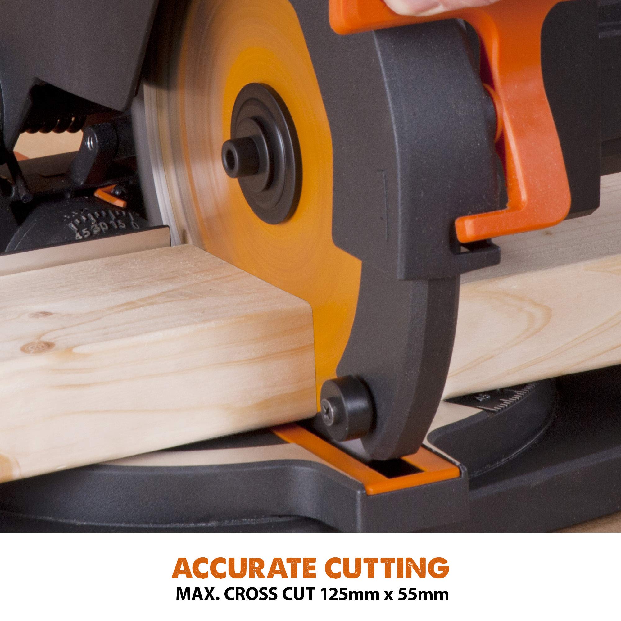 Evolution Power Tools R210CMS Compound Miter Saw Multi-Material Cutting TCT Blade Included Cuts Wood Metal Plastic & More, 45° - 45° Degree Miter & 45˚ Degree Bevel Angles, 1200W, 210mm