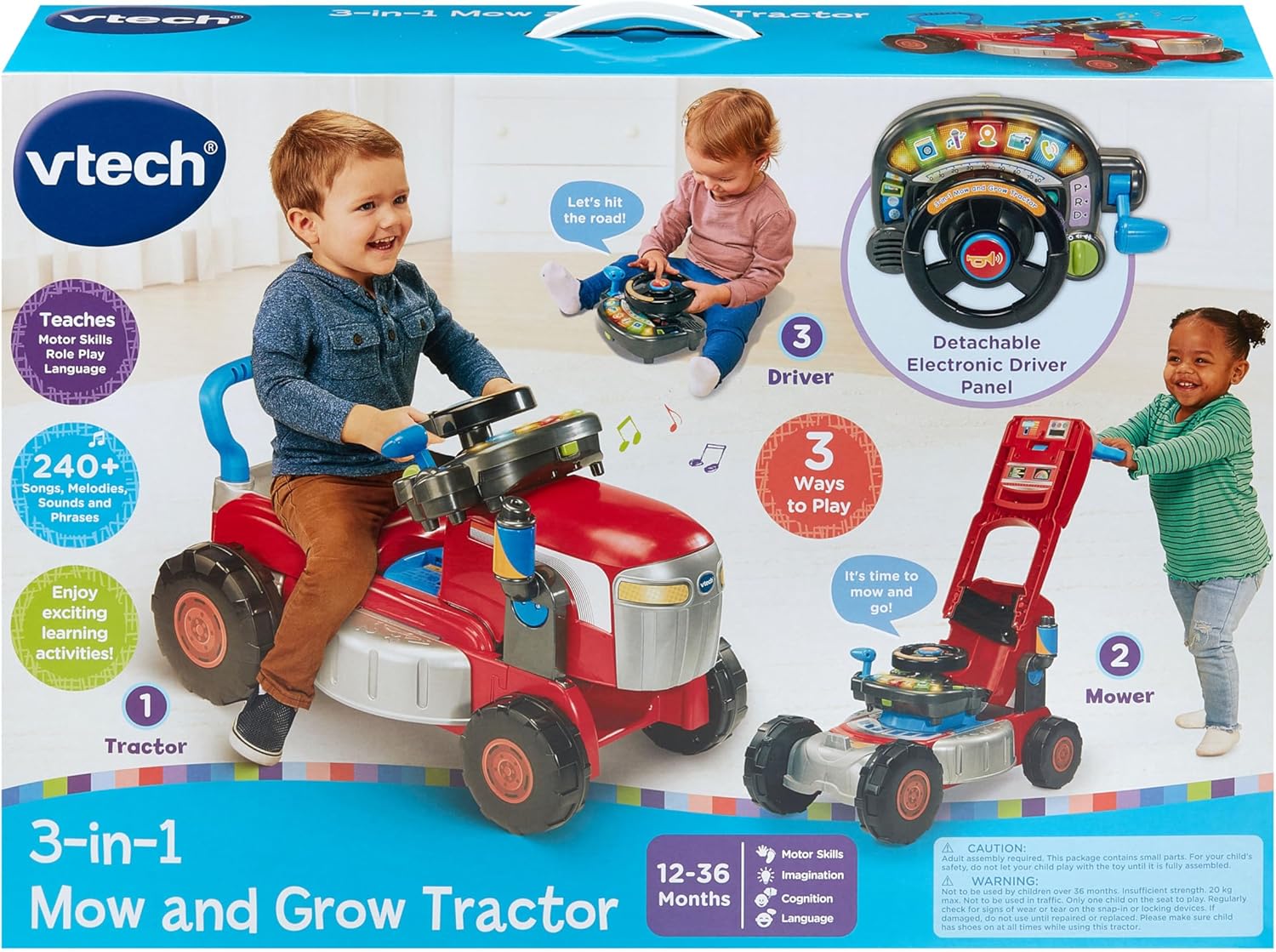 VTech 3-in-1 Mow and Grow Tractor, Ride-On Tractor, Push-Along Mower, Includes Driver Panel, Imaginative Play, Sound Effects, Interactive Play Suitable for Ages 12, 18, 24 Months, English Version
