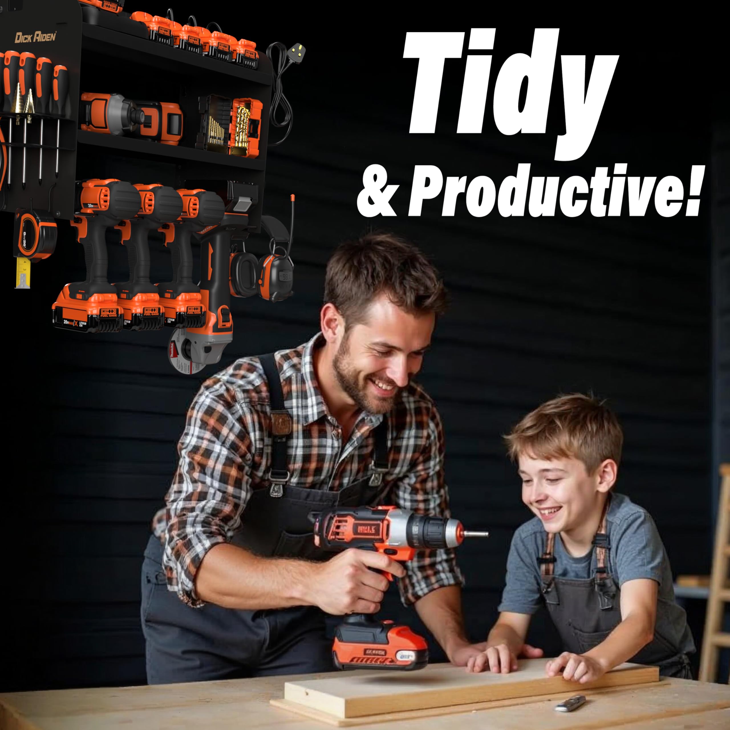 Toolganize Power Tool Organiser, Storage Rack with Power Strip Charging Station, Heavy-Duty for Workshop & Garage Tools - 4 Slot, Milwaukee Red.