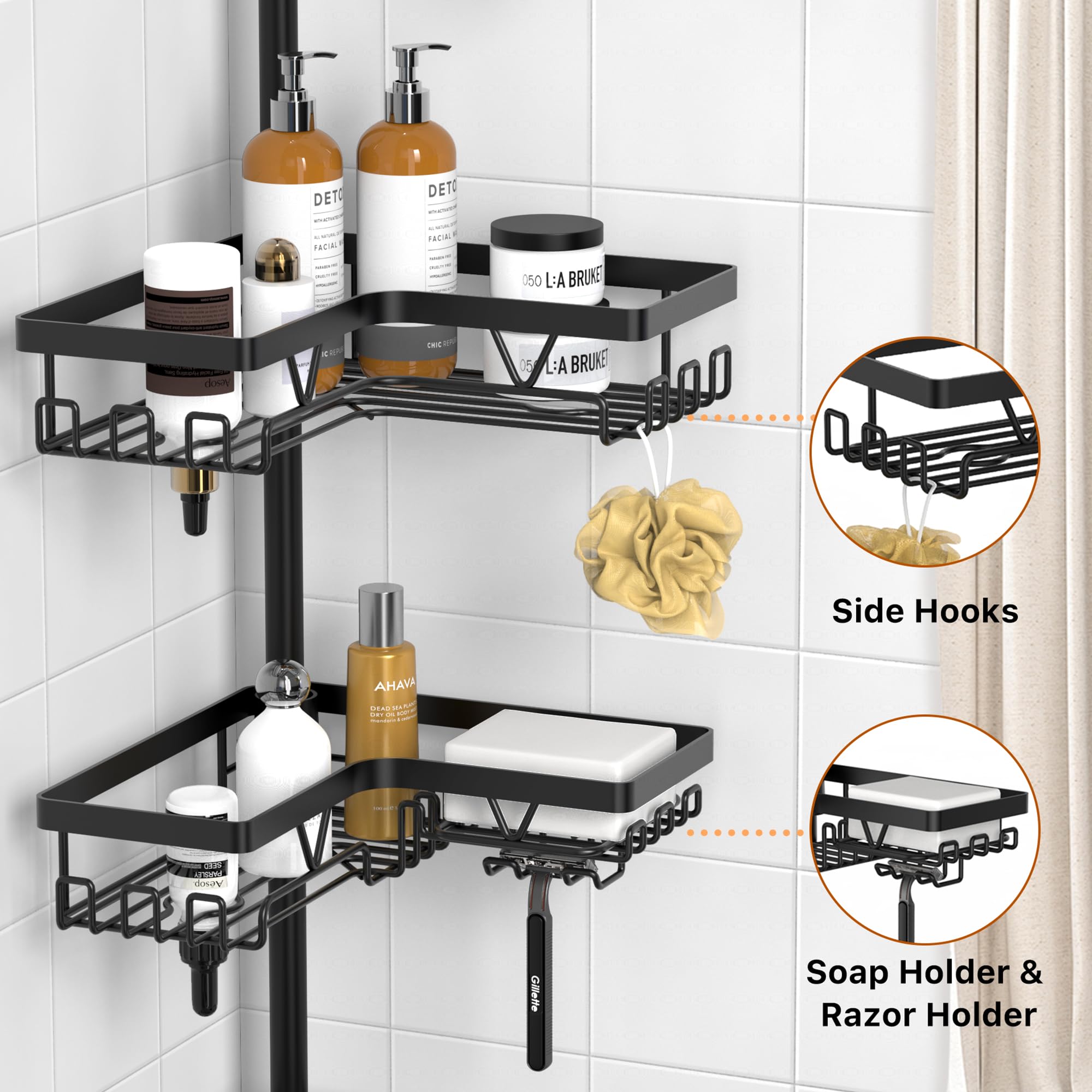 Kegii Telescopic Shower Caddy Corner - Stainless Steel Shower Shelf No Drilling Bathroom Caddy with Soap Holder and Hooks(White), On The Bath or Stand Up Shower