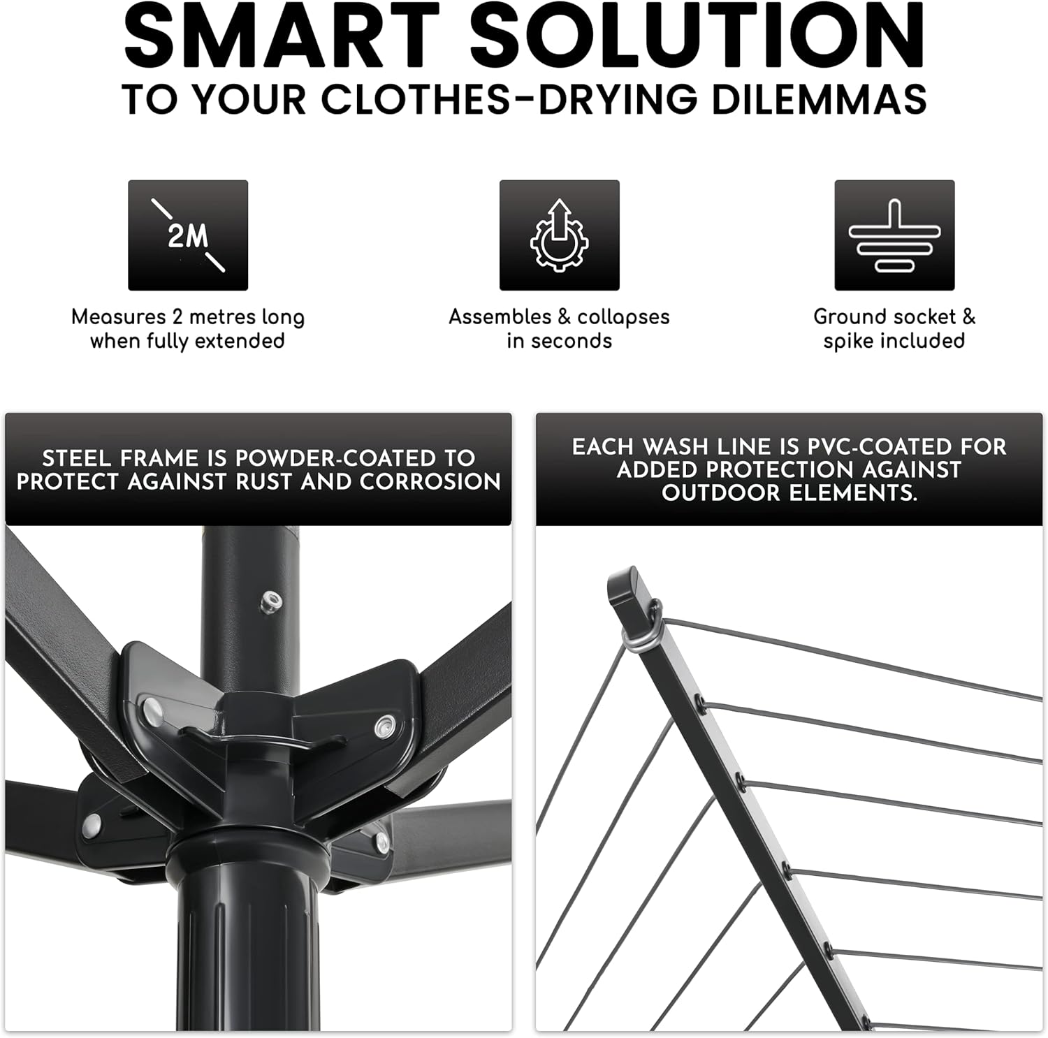 SA Products Rotary Washing Line | 45m Rotating Heavy Duty Clothes Airer Outdoor | Garden 4 Arm Rotary Washing Line | Washing Line Rotary with Ground Spike & Cover